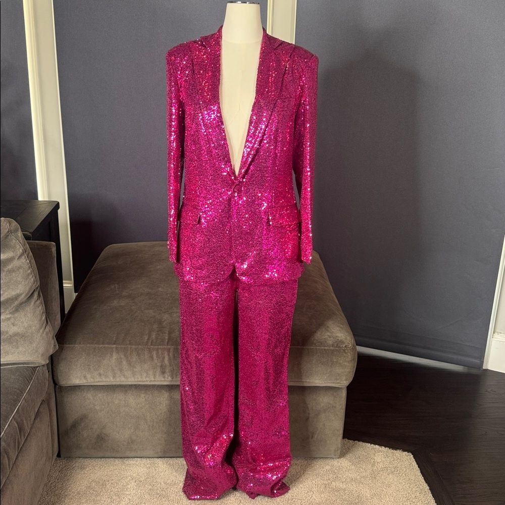 Women’s Pink Fully Sequined Formal Party Pant Suit 2 Piece Set SMALL NEW